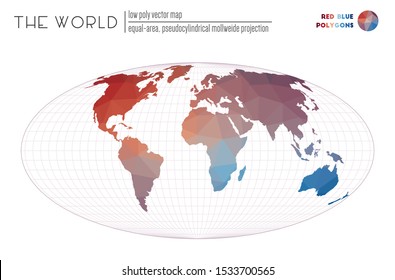 Abstract world map. Equal-area, pseudocylindrical Mollweide projection of the world. Red and blue colored polygons. Contemporary vector illustration.