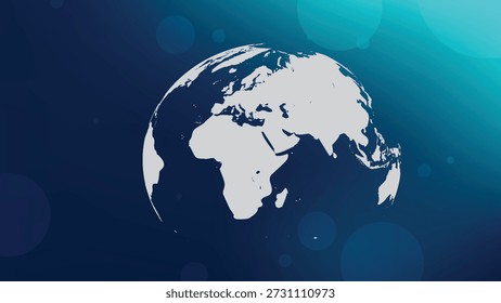 Abstract world map globe in white and gray on a deep blue gradient background with shimmering bokeh circles, representing global connection, technology, and business communication