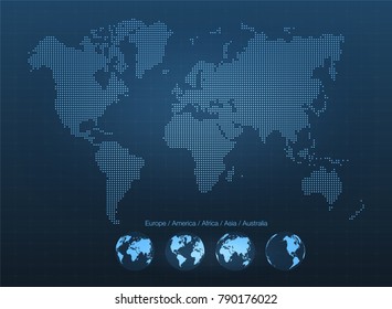 Abstract world map with globes. Planet Earth, network, global communication, science and technology concept. Vector