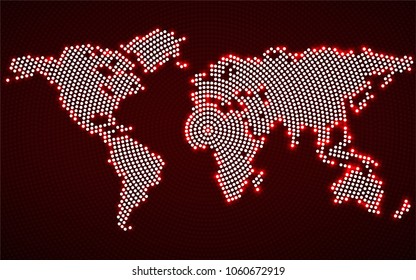 Abstract world map with glowing radial dots. Vector
