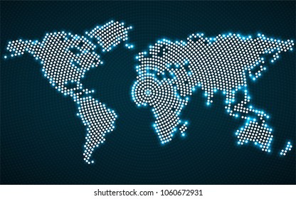 Abstract world map with glowing radial dots. Vector