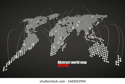 Abstract world map with glowing radial dots, network connection. Vector