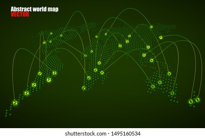 Abstract world map with glowing radial dots, network connection. Vector