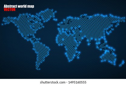 Abstract world map with glowing radial dots. Vector