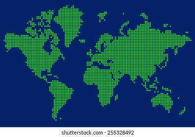 Abstract  World map of green round dots on blue background. Vector illustration. 