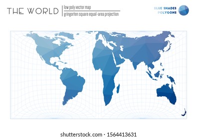 Abstract world map. Gringorten square equal-area projection of the world. Blue shades colored polygons. Elegant vector illustration.