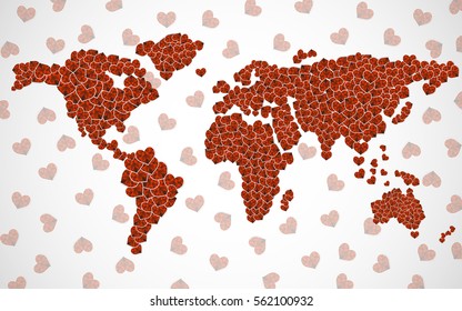 Abstract world map with hearts. Valentines day. Vector illustration. Eps 10