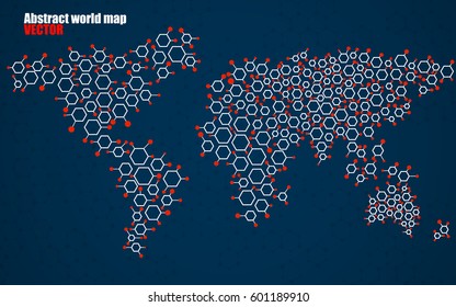 Abstract world map of hexagonal molecular structures. Vector