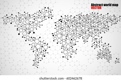 Mapa mundial abstrato das estruturas moleculares hexagonais. Vetor