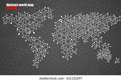 Abstract world map of hexagonal molecular structures. Vector