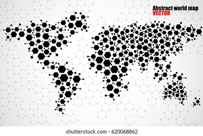 Abstract world map of hexagonal molecular structures. Vector
