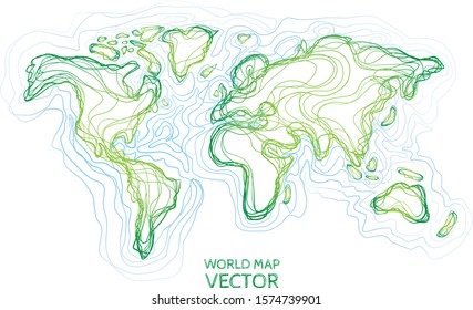 Abstract world map illustration with green and blue color in hand drawn pen doodle style ECO concept