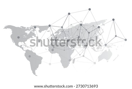 Abstract world map illustration with interconnected nodes and geometric wire frame, lines representing global telecommunication, digital networks, and international business connections. Vector design