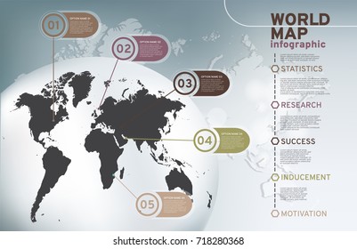 Abstract world map infographics number options template. Vector illustration. Can be used for workflow layout, diagram, business step options, banner, web design