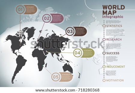 Abstract world map infographics number options template. Vector illustration. Can be used for workflow layout, diagram, business step options, banner, web design