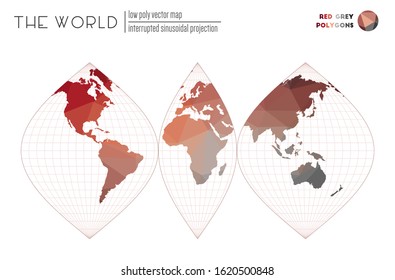 Abstract world map. Interrupted sinusoidal projection of the world. Red Grey colored polygons. Contemporary vector illustration.