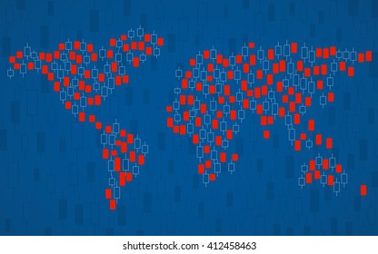  Abstract world map with japanese candlestick, background for business, forex, vector illustration