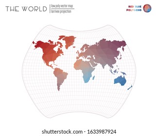 Abstract world map. Larrivee projection of the world. Red and blue colored polygons. Elegant vector illustration.