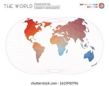 Abstract world map. Laskowski tri-optimal projection of the world. Red, yellow, and blue colored polygons. Beautiful vector illustration.