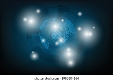 Abstract world map with lattice and illumination separate from dark blue background Illustration vector design with circle light and cyber wheel on gradient blue background