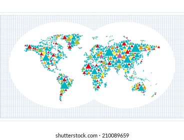 Abstrakte Weltkarte aus bunten, stilisierten Dreiecken. Bearbeitbare Clipart Art.