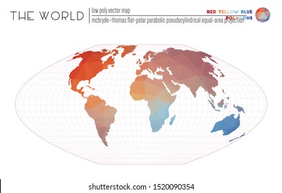 Abstract world map. McBryde-Thomas flat-polar parabolic pseudocylindrical equal-area projection of the world. Red, Yellow, Blue colored polygons. Neat vector illustration.