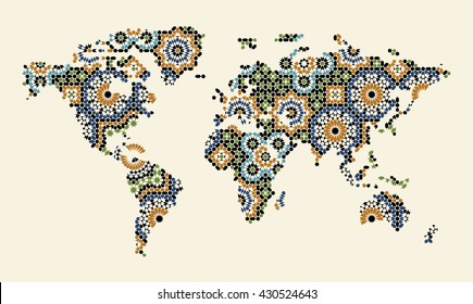 Abstract World Map With Morocco Mosaic. Traditional Arabic Islamic Design. Green, blue, black on beige.