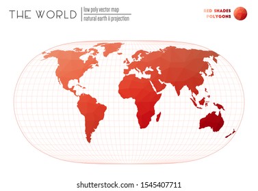 Abstract world map. Natural Earth II projection of the world. Red Shades colored polygons. Amazing vector illustration.