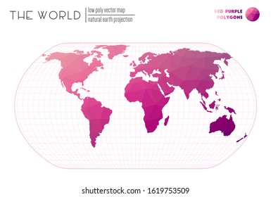 Abstract world map. Natural Earth projection of the world. Red-purple colored polygons. Beautiful vector illustration.