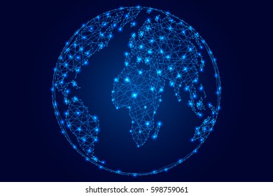 Abstract world map on a globe ball of polygonal blue lines, stars on a dark background of vector illustration