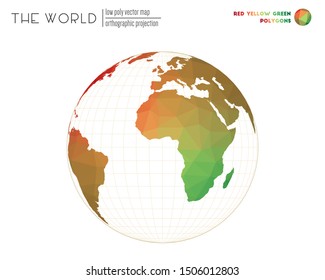 Abstract world map. Orthographic projection of the world. Red, yellow, and green colored polygons. Modern vector illustration.