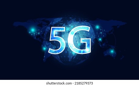 Resumen Mapa mundial punto 5G red holográfica conexión inalámbrica a internet Wi-Fi e internet de conexión de red global sobre fondo azul moderno.