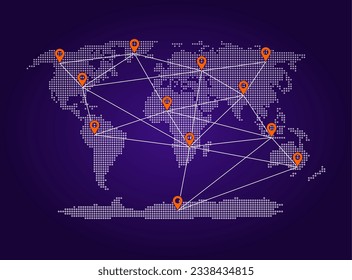 Abstract World map from point blue and glowing stars on a dark background vector illustration. World map with the market line. World map with global network vector. Global social network.