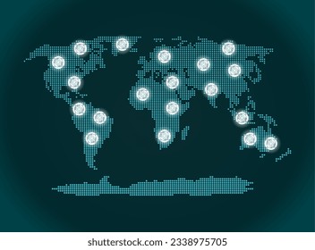 Abstract World map from point blue and glowing stars on a dark background vector illustration. World map with the market line. World map with global network vector. Global social network.