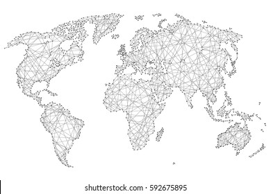 Abstract World Map Of Polygonal Lines And Dots On A White Background Of Vector Illustration