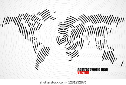 Abstract world map of radial lines, halftone concept. Vector