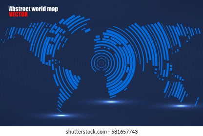 Abstract World map of radial lines, technology style. Vector
