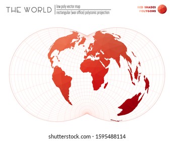 Abstract world map. Rectangular (War Office) polyconic projection of the world. Red shades colored polygons. Energetic vector illustration.