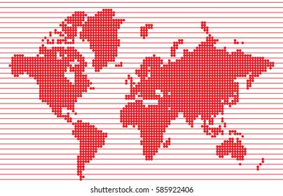 Abstract world map in red dot matrix, isolated on red horizontal line background. Vector Illustration.