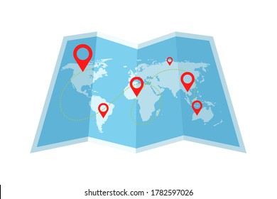 Abstract world map with red location markers in different cities. Travel accessory with marked route. Vector flat illustration of gps navigation positioning, cartography, trip around world, tourism