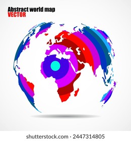 Abstrakte Weltkarte in Form Globus aus bunten radialen Streifen, Planetenerde, Vektorillustration