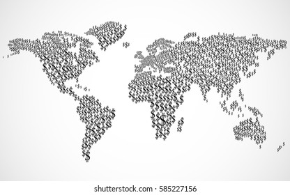 Abstract World map with signs of the us dollar. Vector