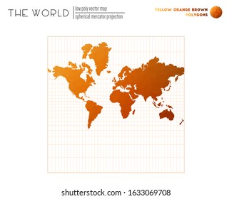 Abstract world map. Spherical Mercator projection of the world. Yellow Orange Brown colored polygons. Contemporary vector illustration.