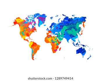 Abstract world map from splash of watercolors. Vector illustration of paints
