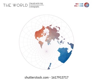Abstract world map. Stereographic projection of the world with red and blue colored polygons. Trending vector illustration.