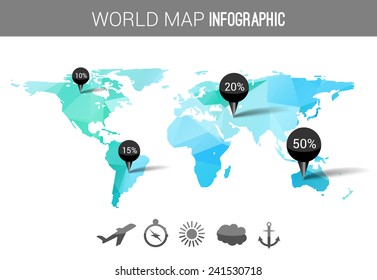 Abstract world map with tags, points, icons and destinations 