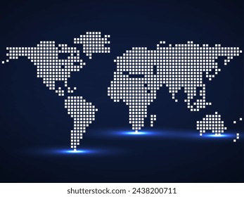 Abstract world map. Technology style with glowing effect. Colorful pixel background. Vector illustration