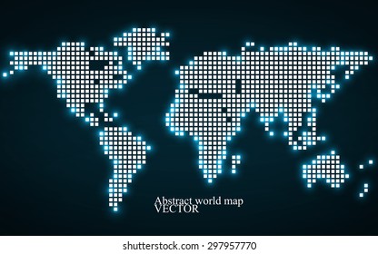 Abstract world map. Technology style with  glowing effect. Colorful pixel background. Vector illustration. Eps 10