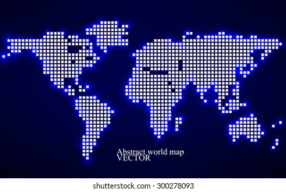 Abstract world map. Technology style with  glowing effect. Colorful pixel background. Vector illustration. Eps 10
