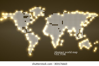 Abstract world map. Technology style with  glowing effect. Colorful pixel background. Vector illustration. Eps 10